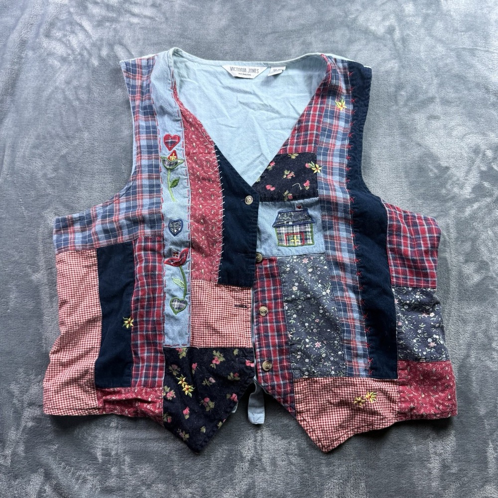 Vintage Victoria Jones Patchwork Vest 24W Embroidered Floral Plaid Cottagecore